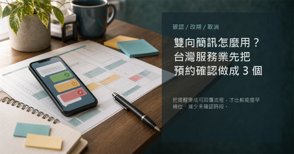 台灣服務業營運桌面上放著預約名單、手機簡訊回覆卡片與取消改期流程筆記的編輯式場景