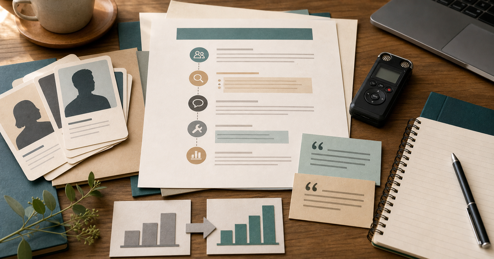 Warm editorial desk scene with printed customer case outline, anonymous profile cards, a voice recorder, quote cards, and a notebook for interview notes