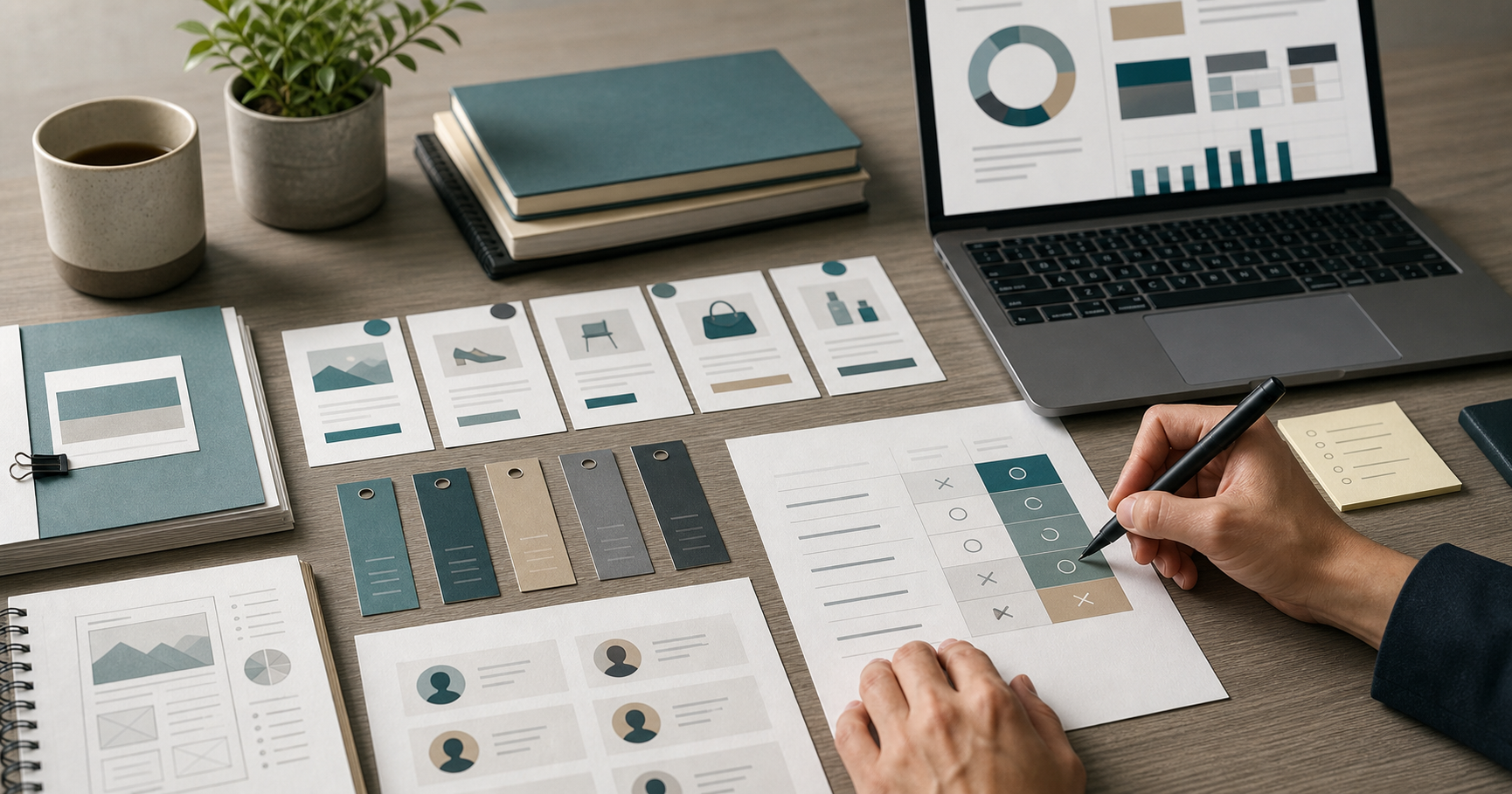 Editorial desk scene with printed campaign cards, brand label tabs, query notes, a laptop with abstract chart blocks, and a pen marking allocation decisions