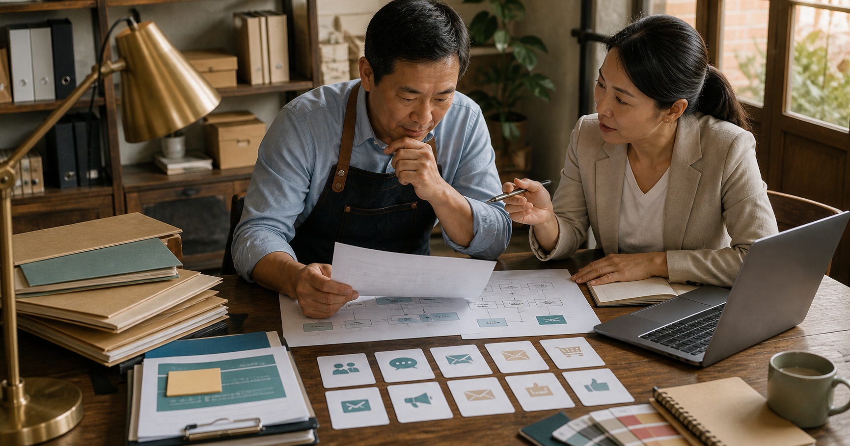 Taiwan SME owner and consultant reviewing printed application notes, CRM flow cards, and marketing tool options at a warm editorial desk with a laptop and paper folders.