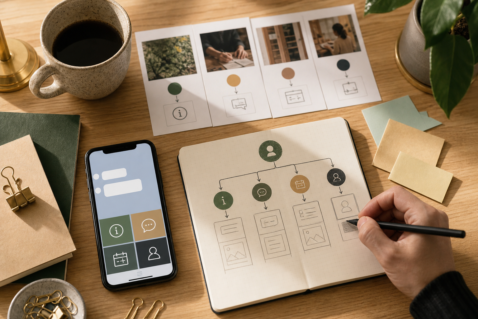 Editorial desk scene with a smartphone showing a simplified chat menu, printed customer journey cards, sticky notes, and a notebook used by a Taiwan SME team planning a LINE rich menu flow.