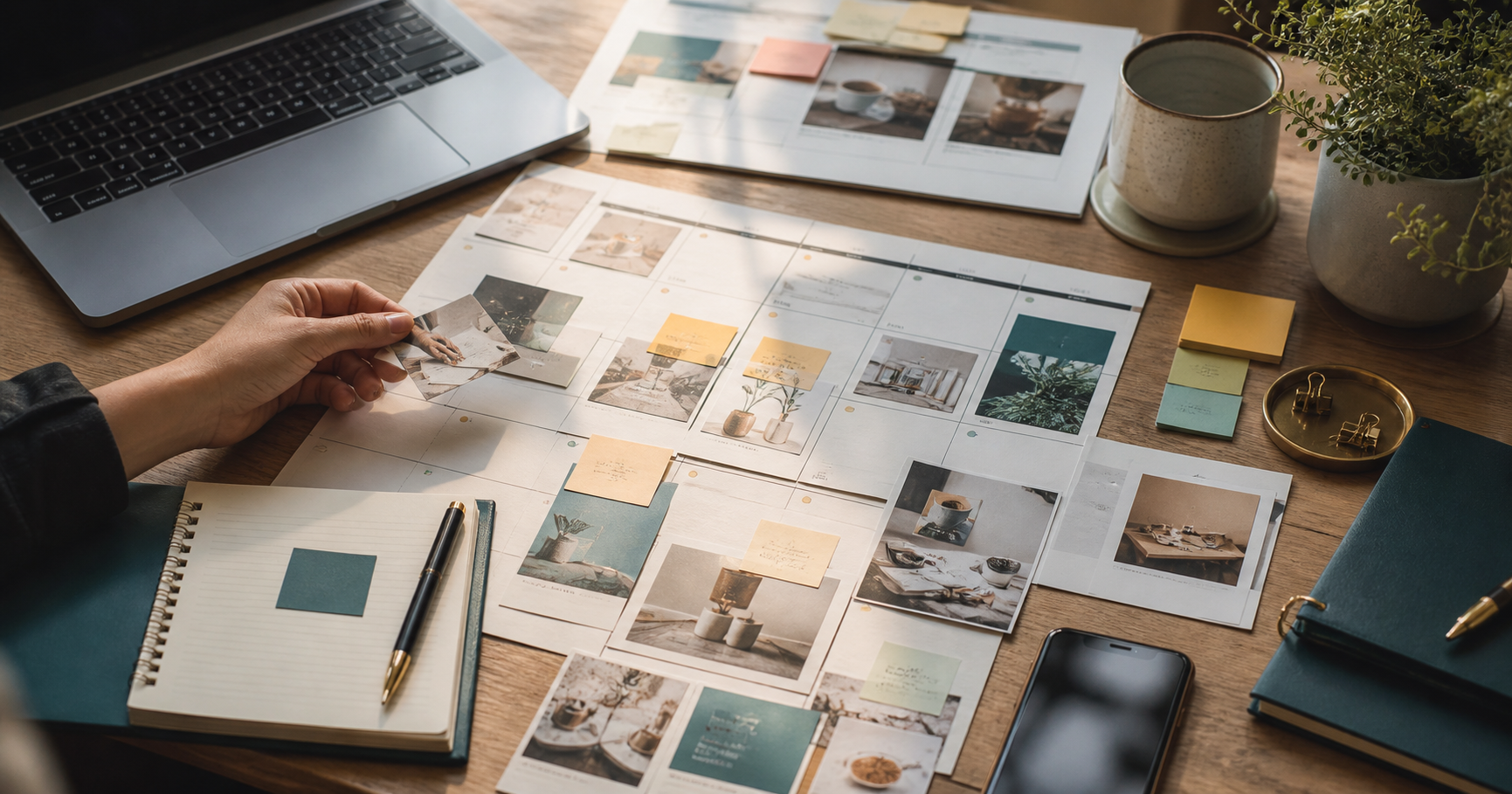 Warm editorial planning desk with a Taiwan SME owner arranging printed monthly content cards, sticky notes, phone, notebook, and laptop into a practical multi-channel content calendar.