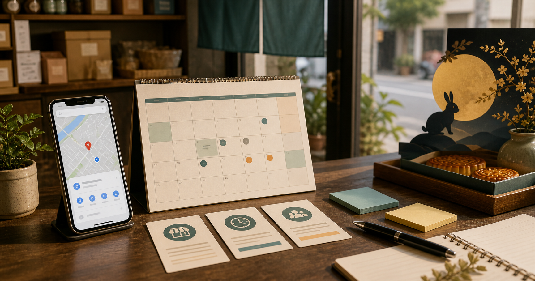 Editorial storefront planning scene with a smartphone showing a map interface, a paper monthly calendar, store-hour cards, sticky notes, and a pen used by a Taiwan small business to confirm holiday hours before Mid-Autumn Festival