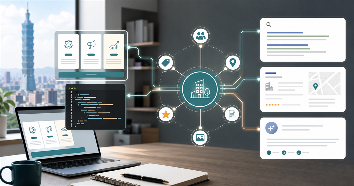 服務頁 SEO 結構化資料與 AI 摘要引用流程示意