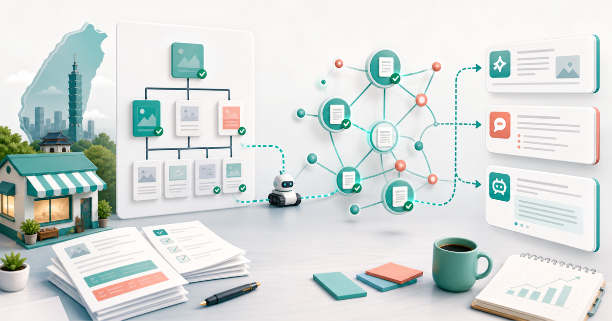 台灣中小企業用 sitemap SEO 串接網站內容、搜尋索引與 AI 搜尋結果的示意圖