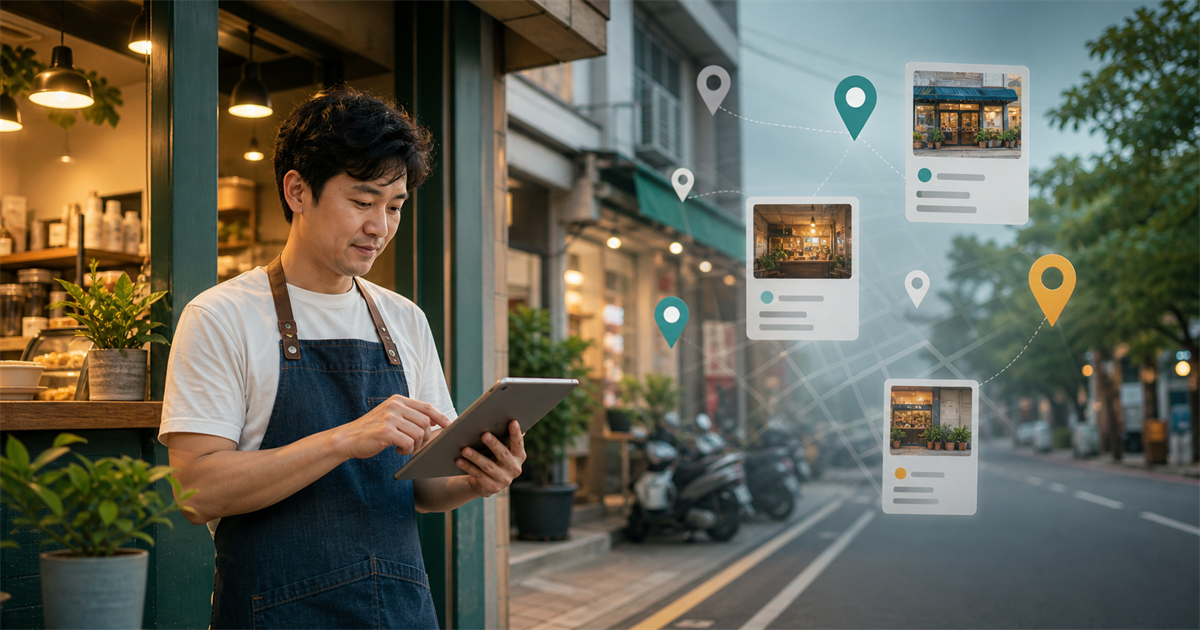 台灣街邊店家老闆用平板檢查本地搜尋能見度，旁邊有抽象地圖定位與商家卡片