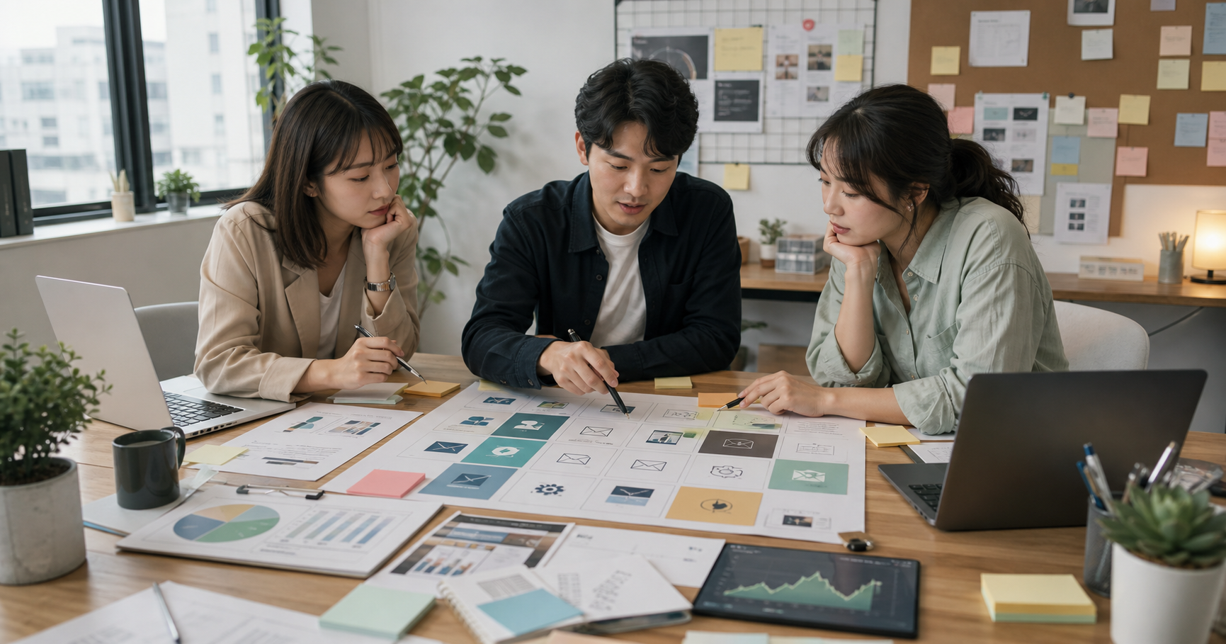 中小企業行銷團隊在工作桌上檢查 AI 行銷工具矩陣、廣告素材卡、CRM 資料與 SEO 成效儀表板