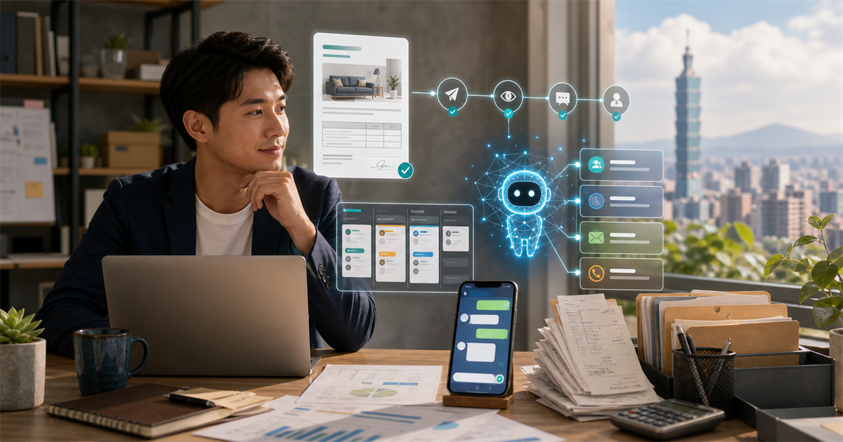 台北辦公桌上有報價單、手機聊天泡泡與 AI 節點，呈現中小企業用 AI 追蹤報價進度
