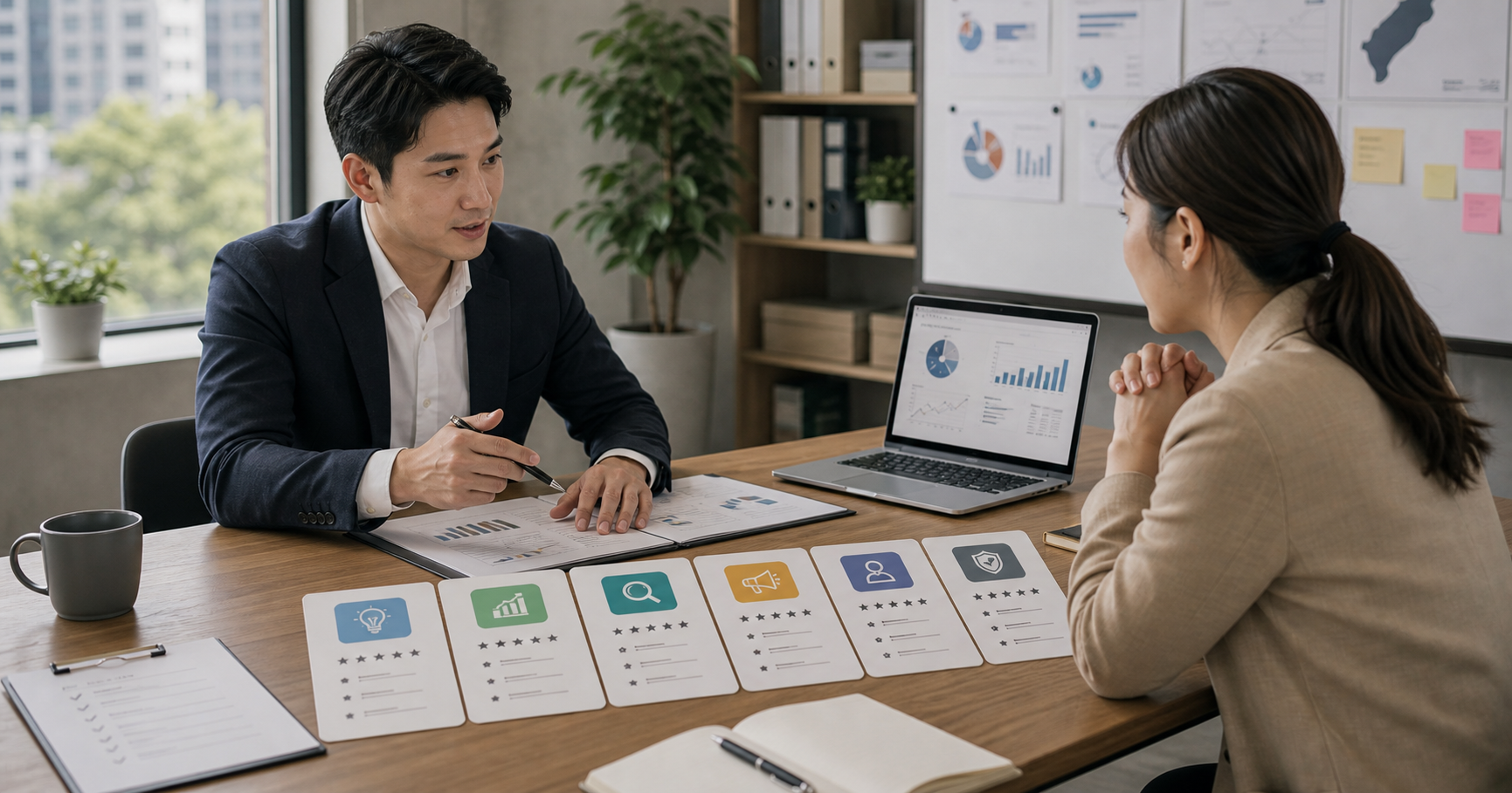 中小企業主與 AI 行銷顧問在會議桌前比較評估卡片