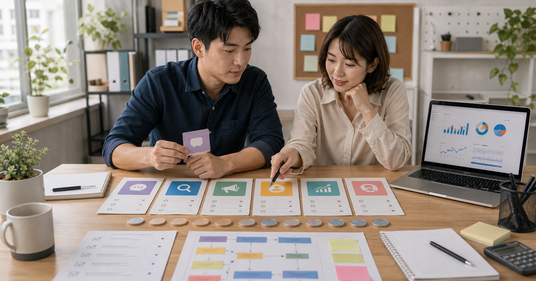 中小企業團隊在桌面上比較 AI 行銷工具卡片與預算籌碼