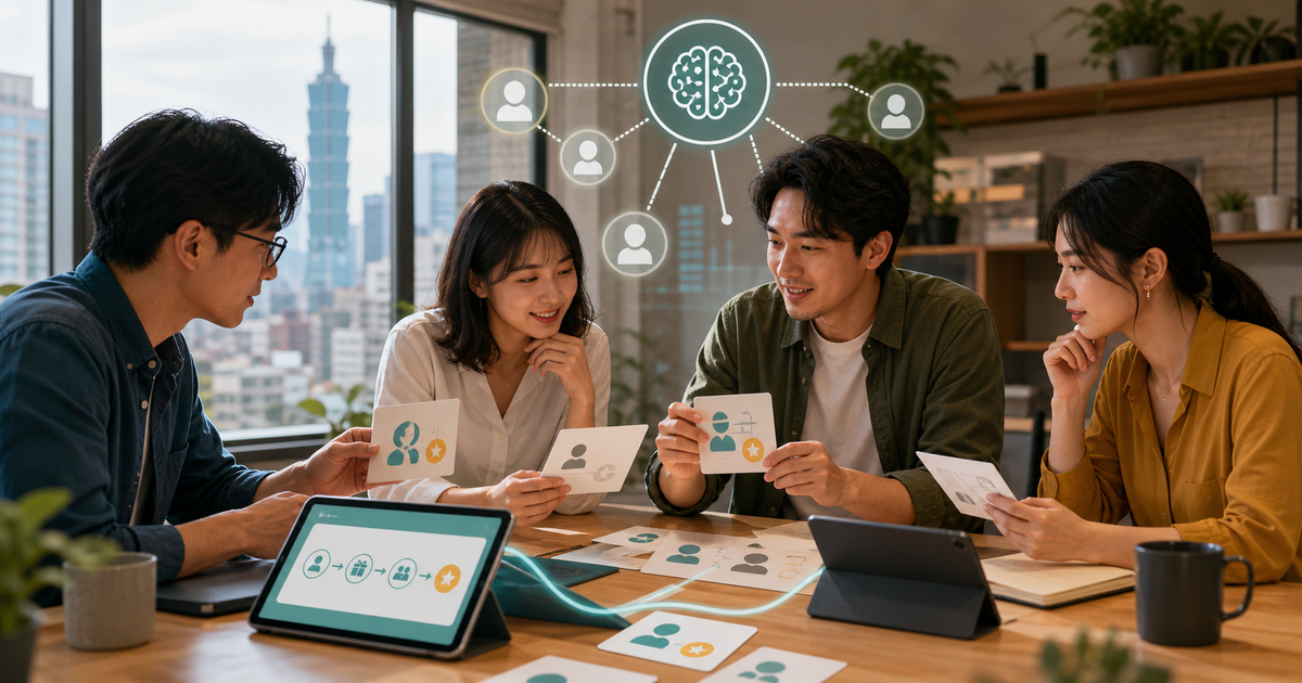 台北中小企業團隊在會議桌前檢視顧客推薦卡片與 AI 分群流程