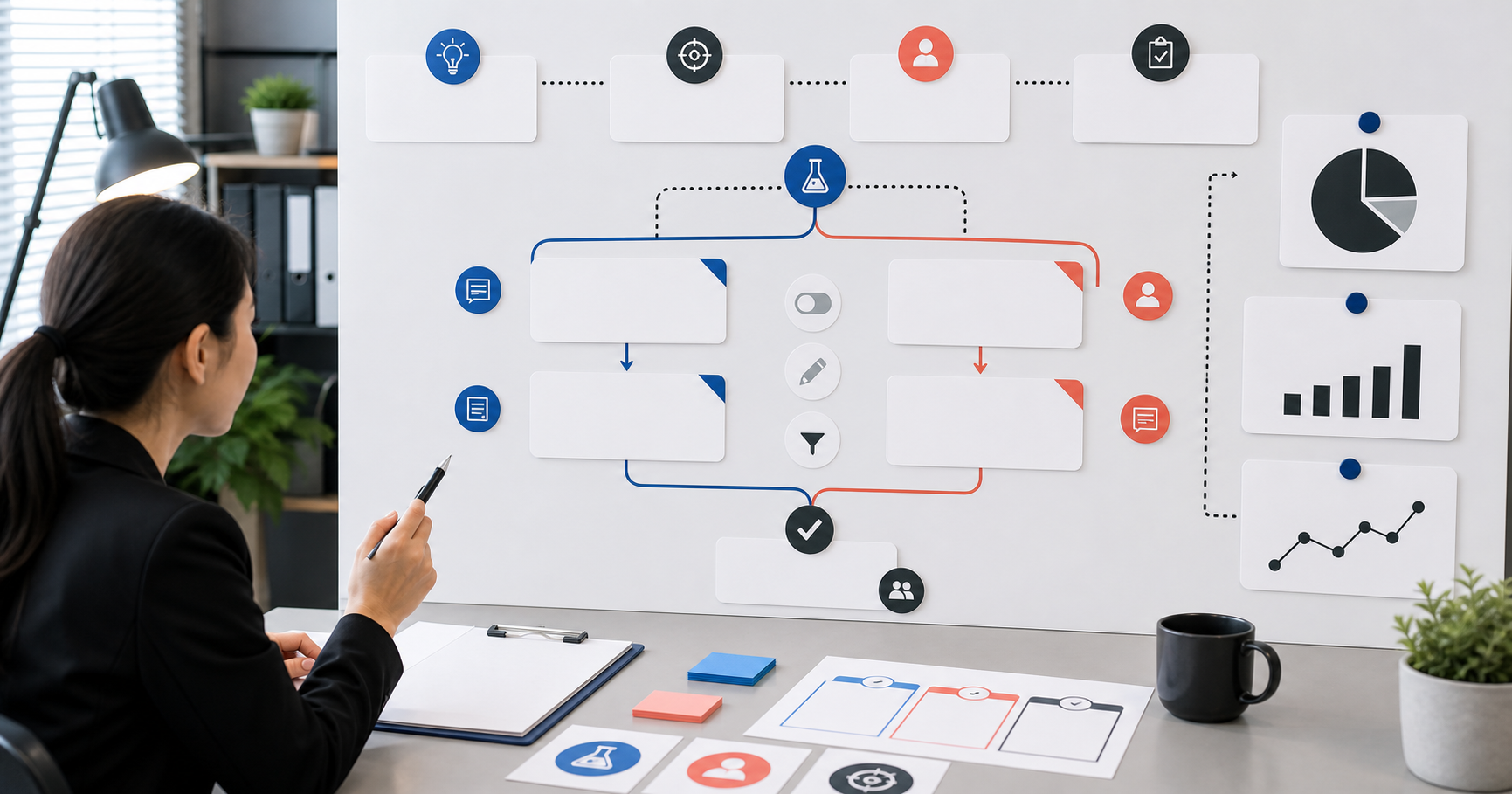 Editorial marketing analytics workflow scene for AI A/B 測試怎麼設, showing KPI cards, funnel signals, experiment paths, and decision checkpoints