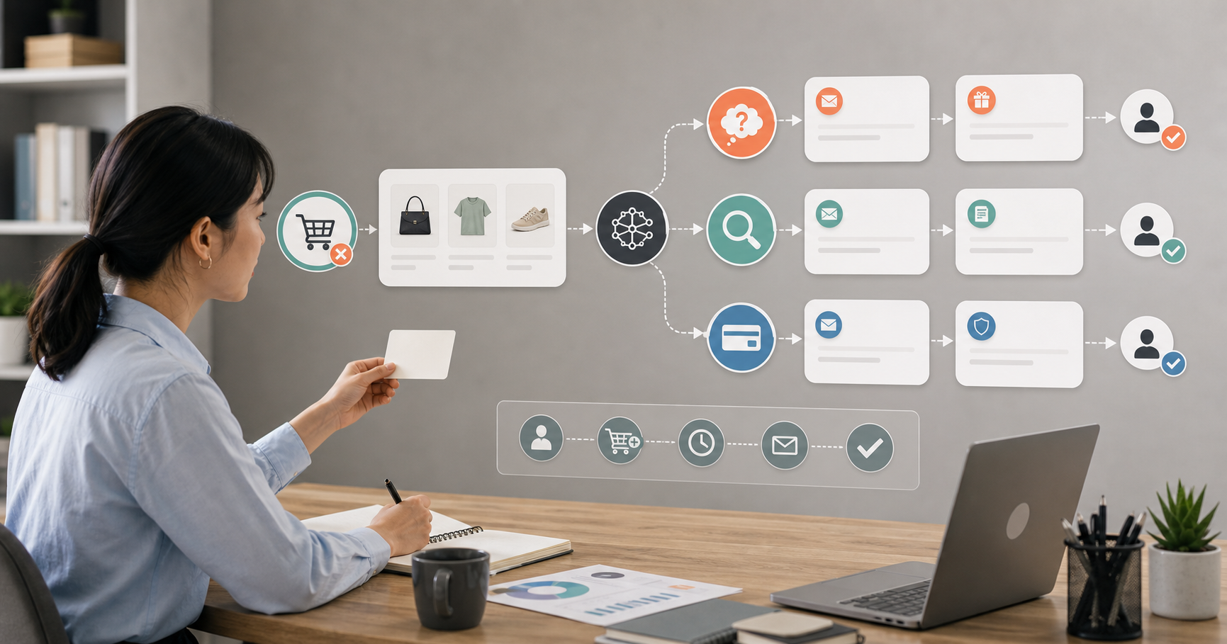 Editorial ecommerce workflow scene for AI 棄單挽回怎麼做, showing product cards, shopping journey signals, catalog data, and review checkpoints