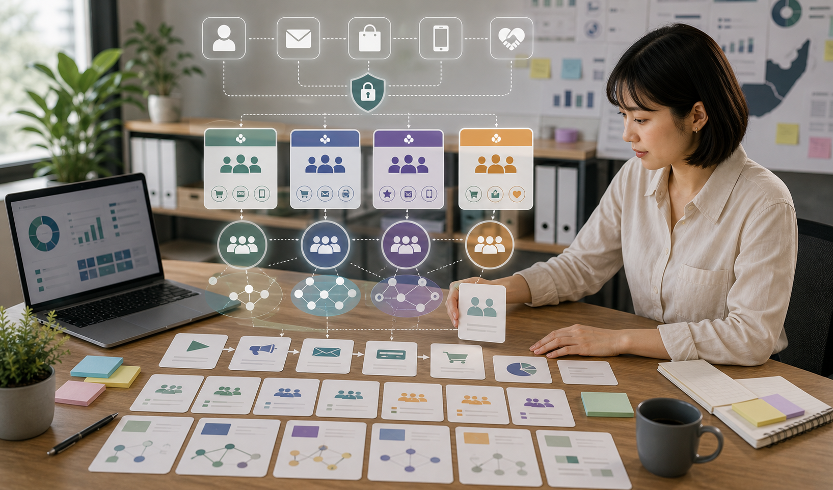 Editorial advertising workflow scene for AI 廣告受眾分群怎麼做, showing campaign assets, conversion tracking, audience segments, and review checkpoints
