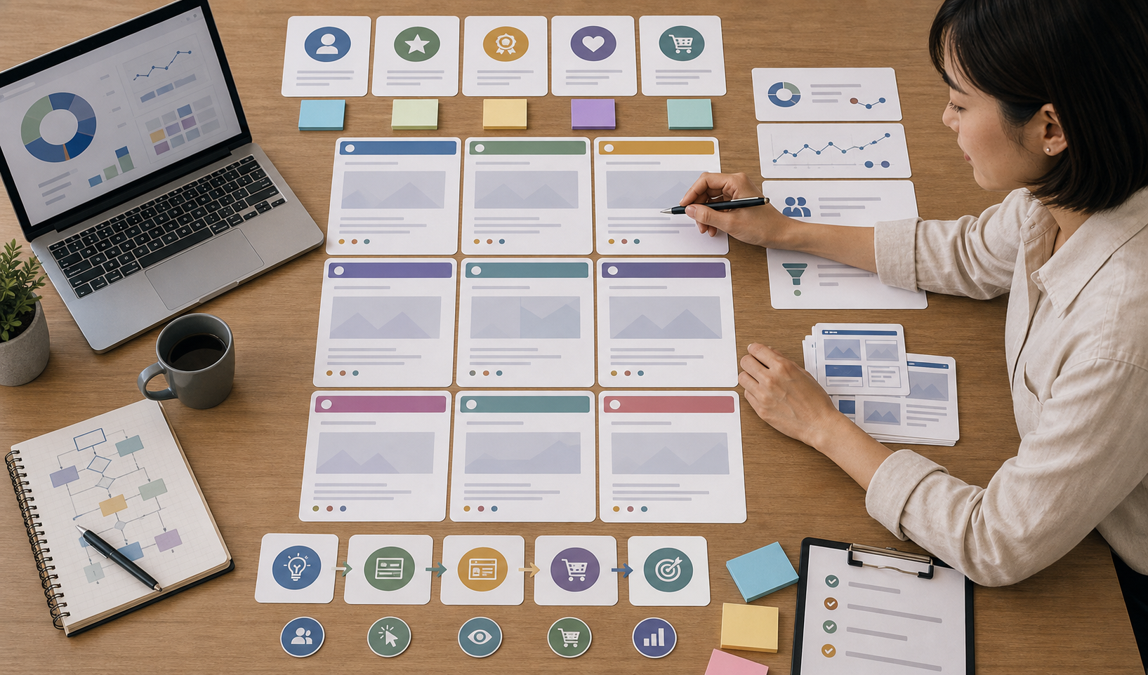 Editorial advertising workflow scene for AI 廣告文案怎麼測試, showing campaign assets, conversion tracking, audience segments, and review checkpoints