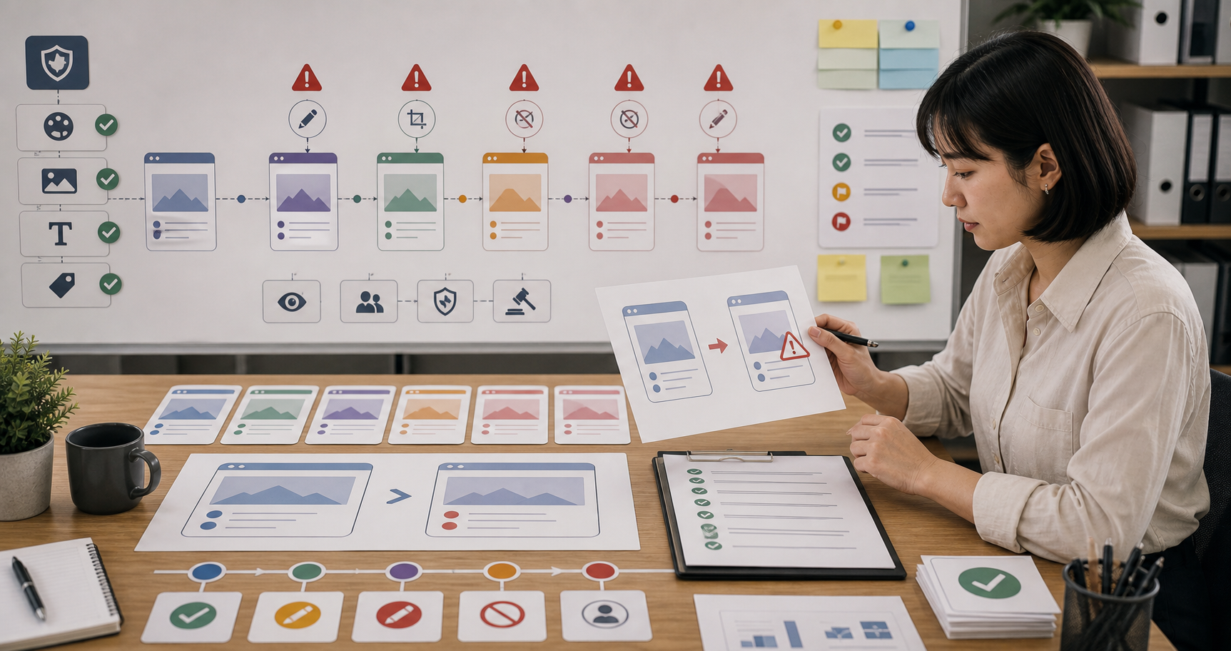 Editorial advertising workflow scene for AI 廣告素材被平台改怎麼辦, showing campaign assets, conversion tracking, audience segments, and review checkpoints