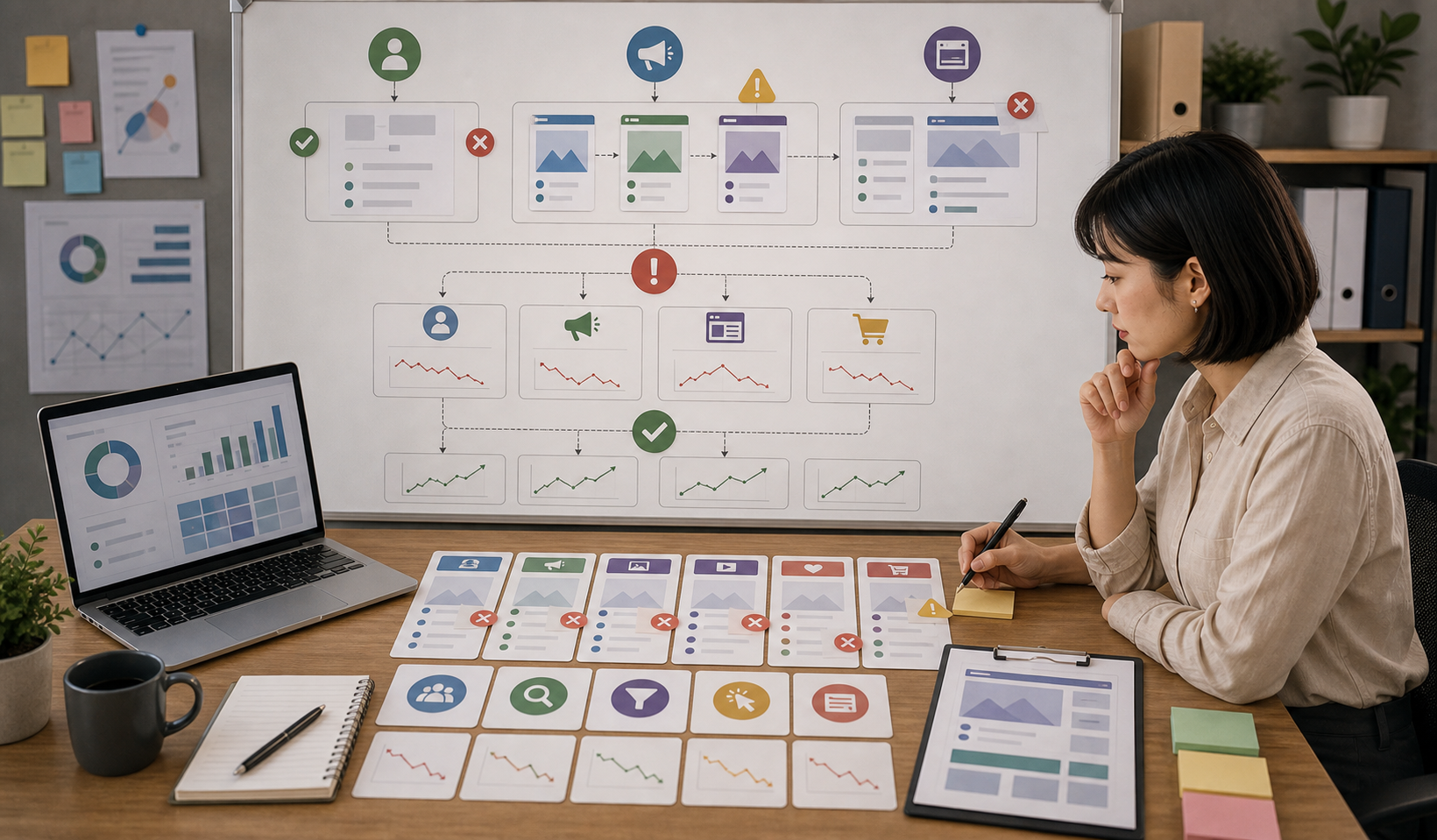 Editorial advertising workflow scene for AI 廣告成效不好先查什麼, showing campaign assets, conversion tracking, audience segments, and review checkpoints