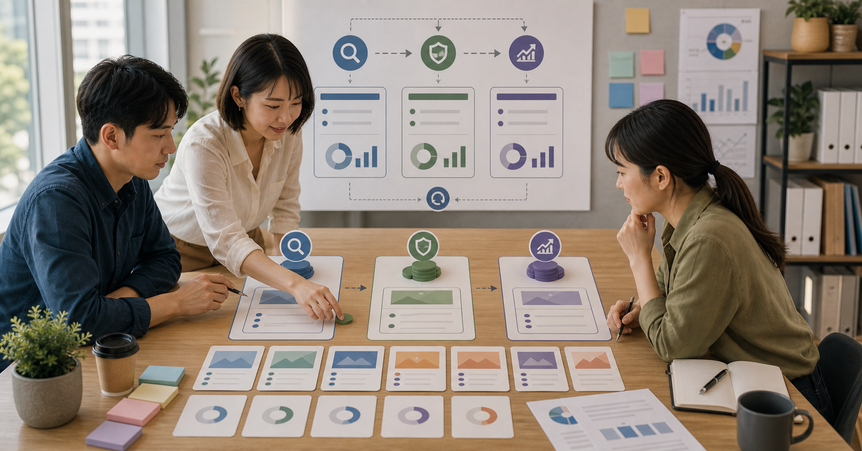 Editorial advertising workflow scene for AI 廣告預算小怎麼分配, showing campaign assets, conversion tracking, audience segments, and review checkpoints