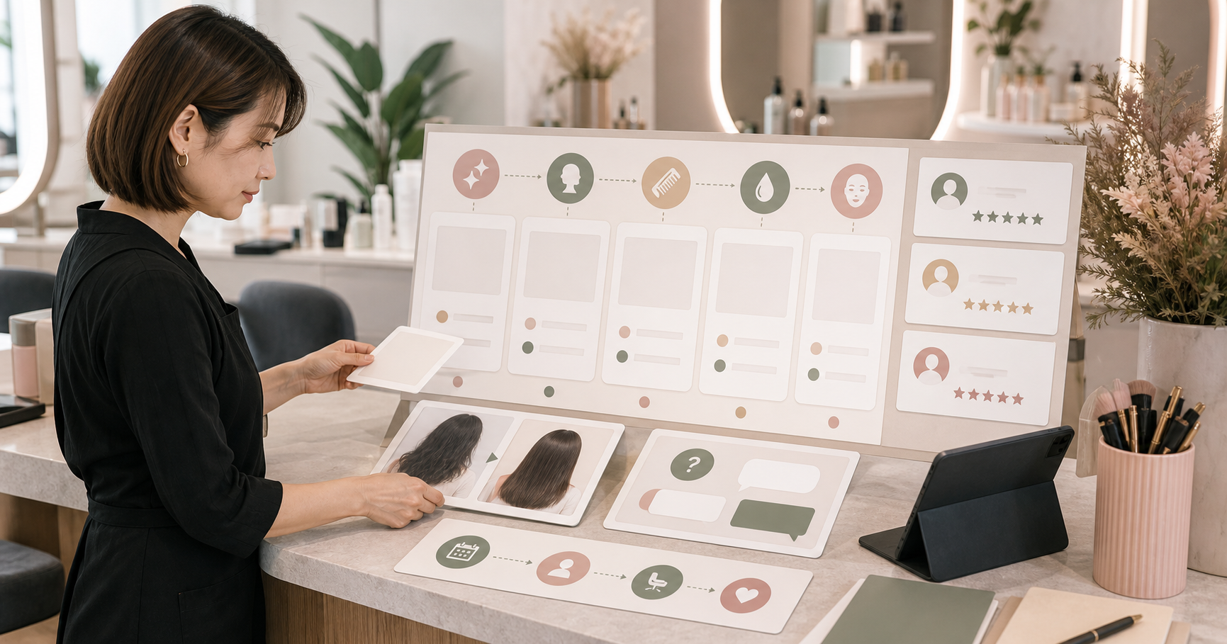 Editorial local business marketing scene for AI 美容沙龍行銷怎麼做, showing service-area signals, customer review cards, booking paths, and human review checkpoints