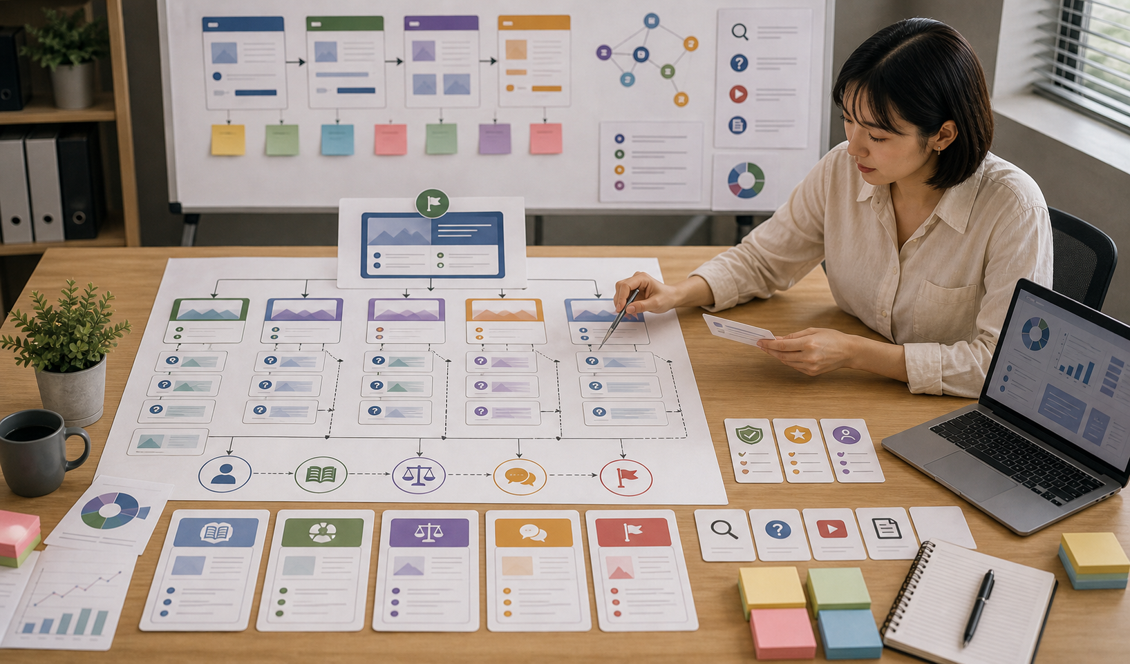 Editorial content workflow scene for AI Blog 文章怎麼規劃, showing social assets, a content calendar, review checkpoints, and performance signals