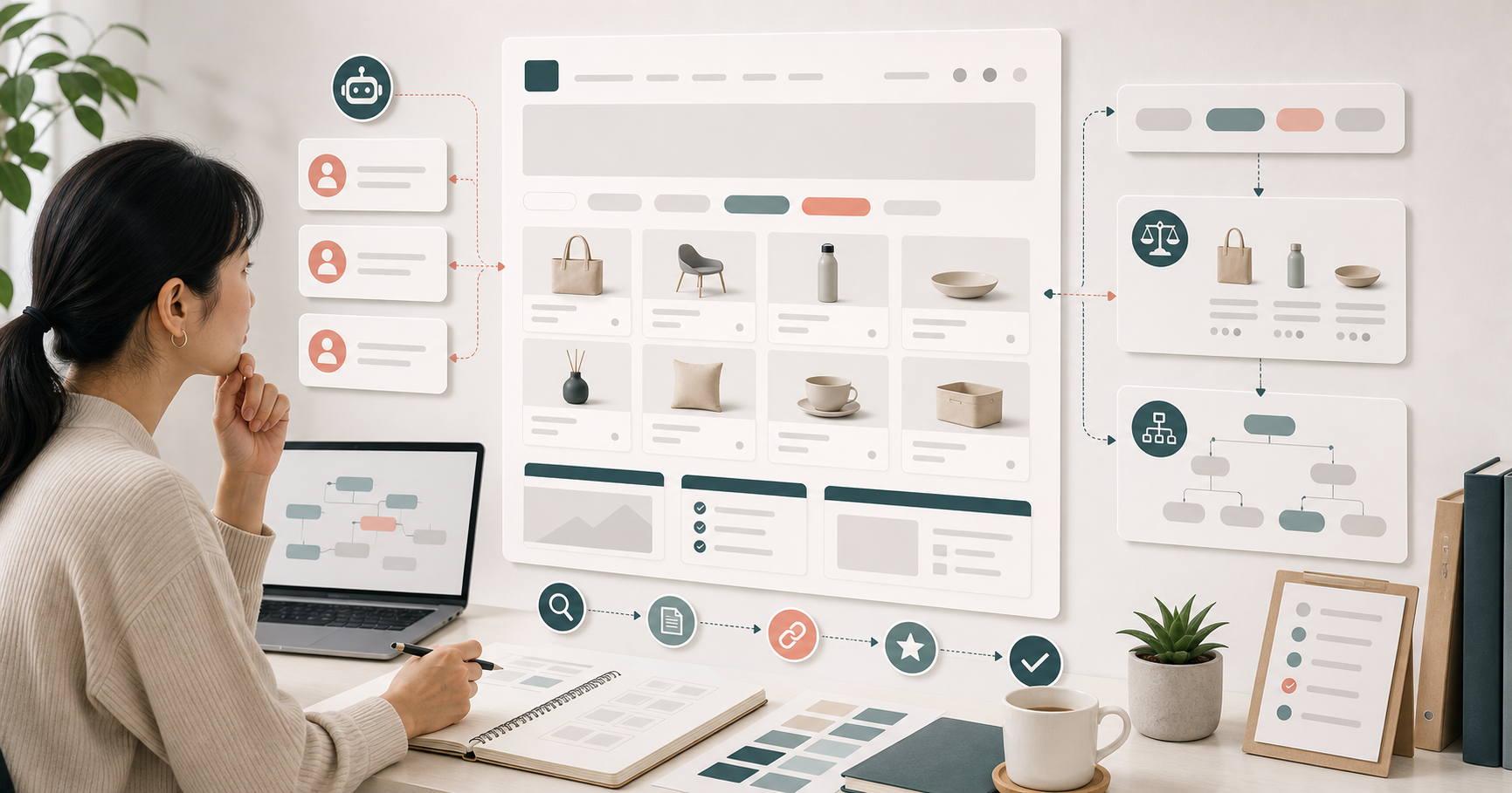 Editorial ecommerce workflow scene for AI 分類頁文案怎麼寫, showing product cards, shopping journey signals, catalog data, and review checkpoints