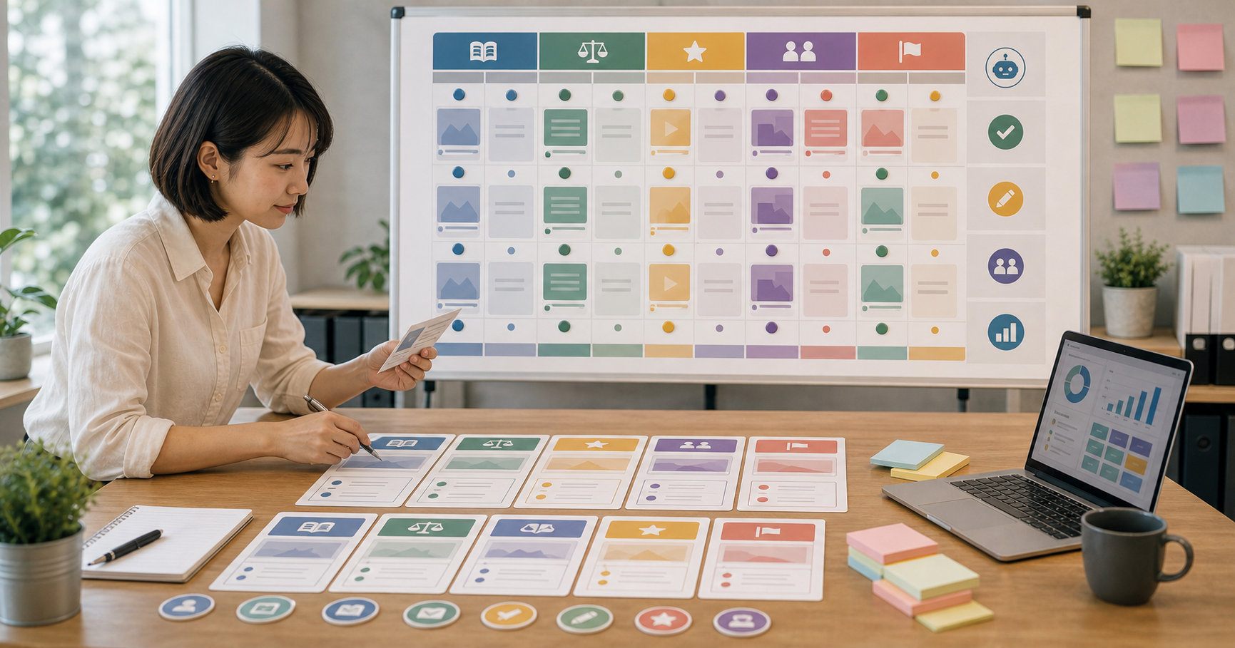 Editorial content workflow scene for AI 內容行事曆怎麼排, showing social assets, a content calendar, review checkpoints, and performance signals