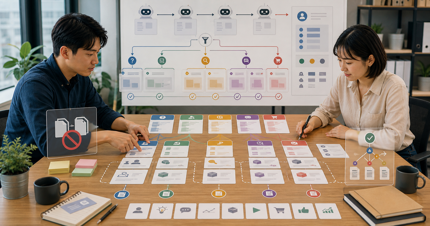 Editorial content workflow scene for AI 內容重複怎麼避免, showing social assets, a content calendar, review checkpoints, and performance signals