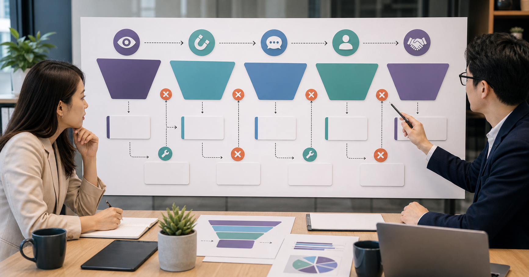 Editorial marketing analytics workflow scene for AI 轉換漏斗怎麼追, showing KPI cards, funnel signals, experiment paths, and decision checkpoints