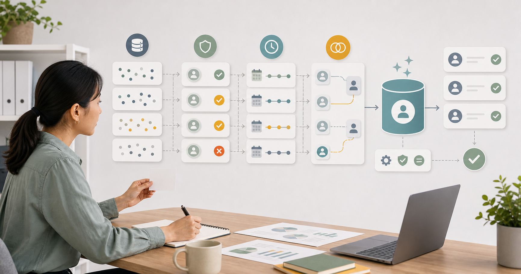 Editorial CRM, email, and messaging workflow scene for AI 客戶資料怎麼整理, showing customer segments, lifecycle messages, lead stages, and review checkpoints