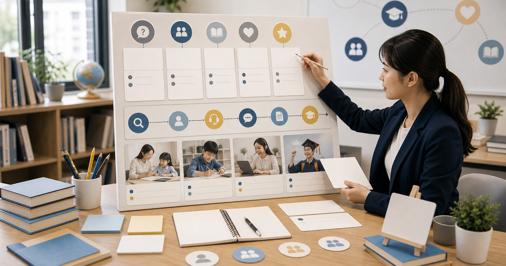 Editorial local business marketing scene for AI 補教招生怎麼做, showing service-area signals, customer review cards, booking paths, and human review checkpoints