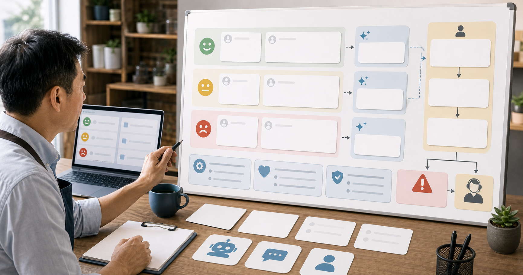 Editorial local business marketing scene for AI Google 評論回覆可以用嗎, showing service-area signals, customer review cards, booking paths, and human review checkpoints