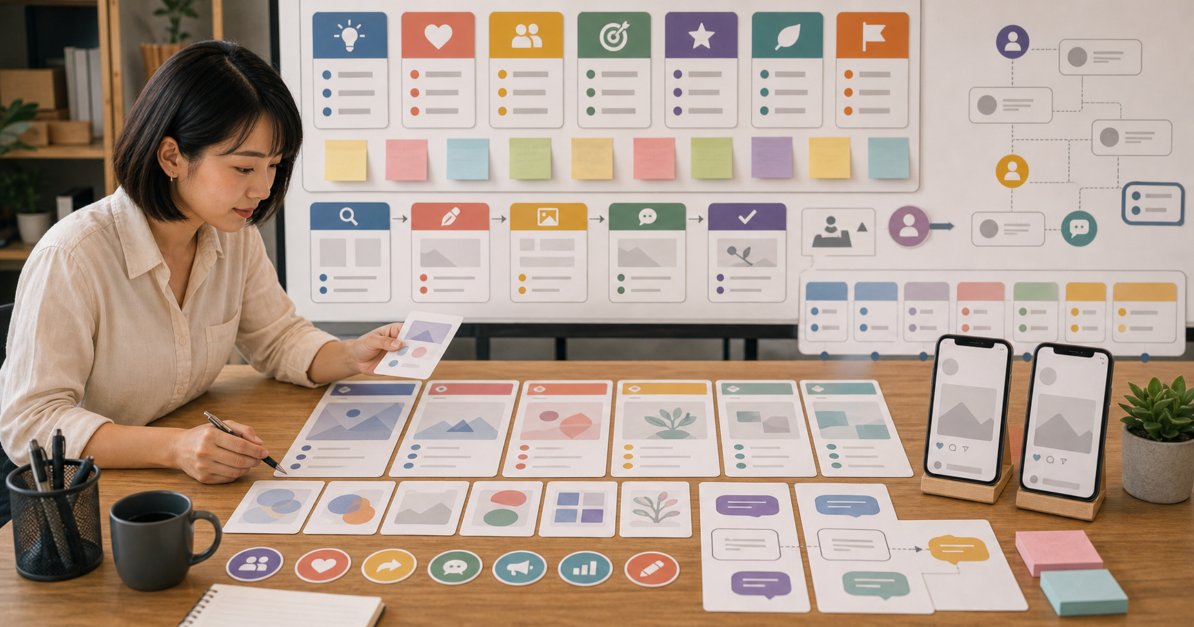 Editorial content workflow scene for AI IG Threads 內容怎麼做, showing social assets, a content calendar, review checkpoints, and performance signals
