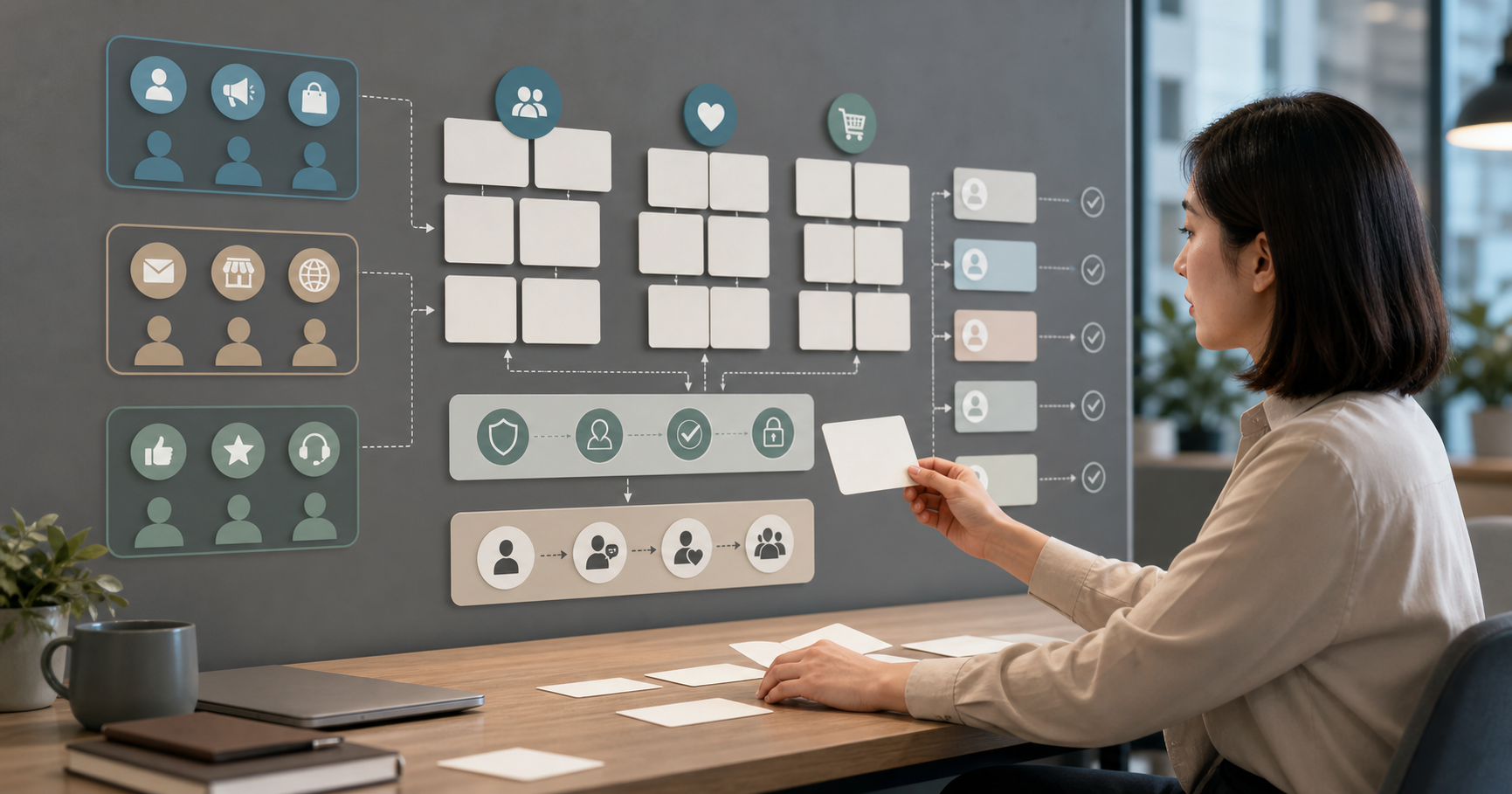 Editorial CRM, email, and messaging workflow scene for AI LINE 官方帳號分眾怎麼做, showing customer segments, lifecycle messages, lead stages, and review checkpoints