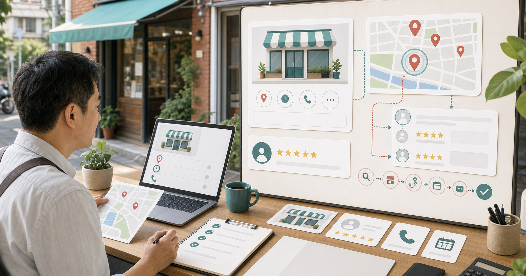 Editorial local business marketing scene for AI 在地行銷怎麼做, showing service-area signals, customer review cards, booking paths, and human review checkpoints