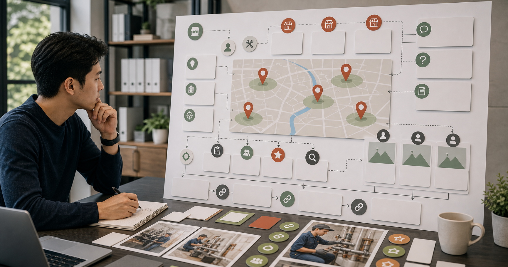 Editorial local business marketing scene for AI 地方服務業 SEO 怎麼做, showing service-area signals, customer review cards, booking paths, and human review checkpoints