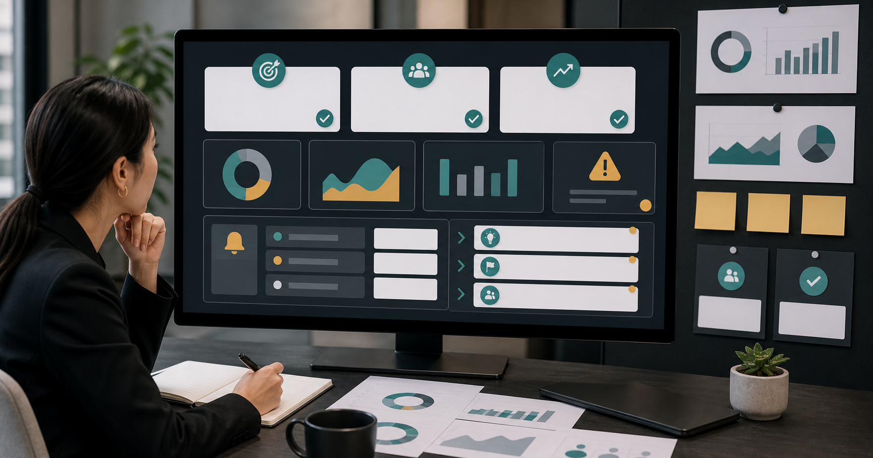 Editorial marketing analytics workflow scene for AI 行銷儀表板怎麼設計, showing KPI cards, funnel signals, experiment paths, and decision checkpoints