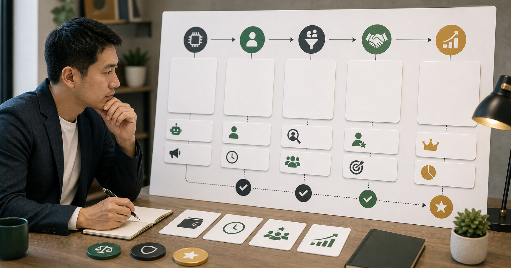 Editorial marketing analytics workflow scene for AI 行銷 ROI 怎麼算, showing KPI cards, funnel signals, experiment paths, and decision checkpoints