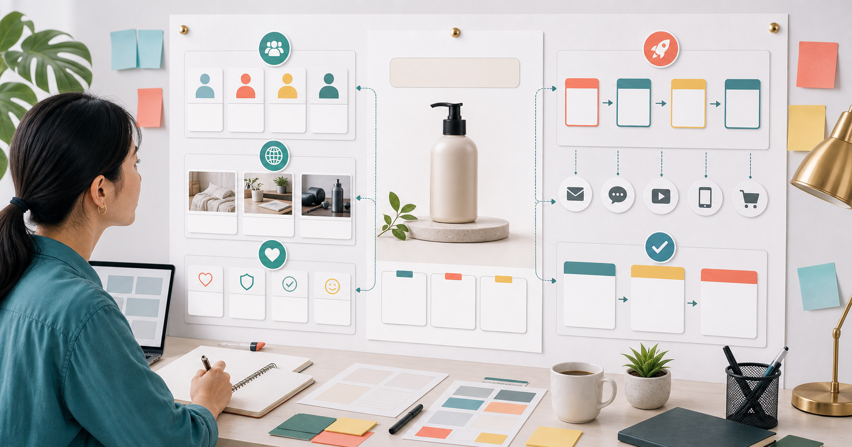 Editorial ecommerce workflow scene for AI 新品上市文案怎麼做, showing product cards, shopping journey signals, catalog data, and review checkpoints