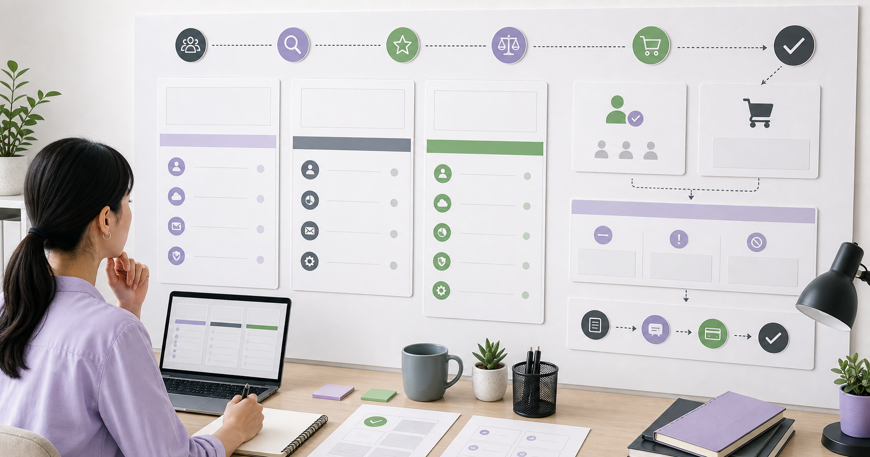 Editorial ecommerce workflow scene for AI 價格頁怎麼寫, showing product cards, shopping journey signals, catalog data, and review checkpoints