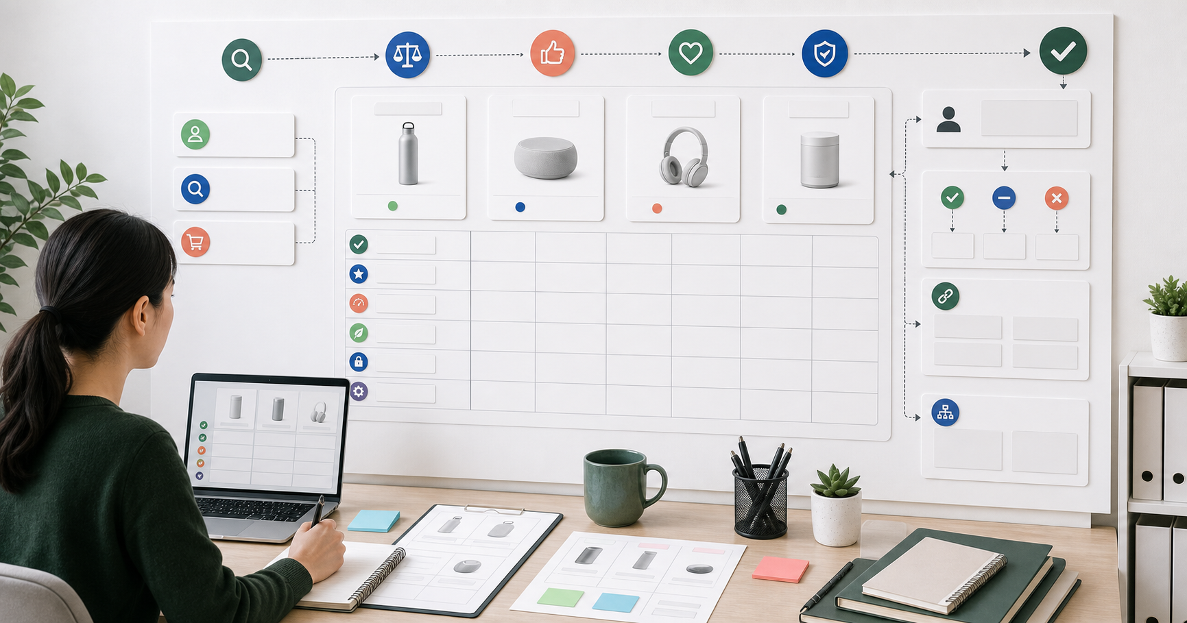 Editorial ecommerce workflow scene for AI 商品比較頁怎麼做, showing product cards, shopping journey signals, catalog data, and review checkpoints