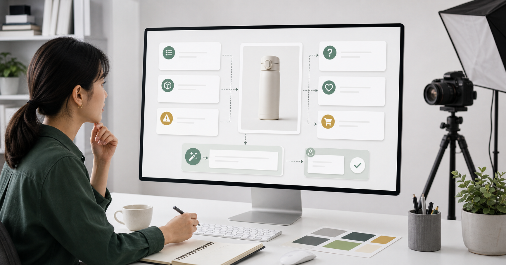 Editorial ecommerce workflow scene for AI 商品描述怎麼寫, showing product cards, shopping journey signals, catalog data, and review checkpoints