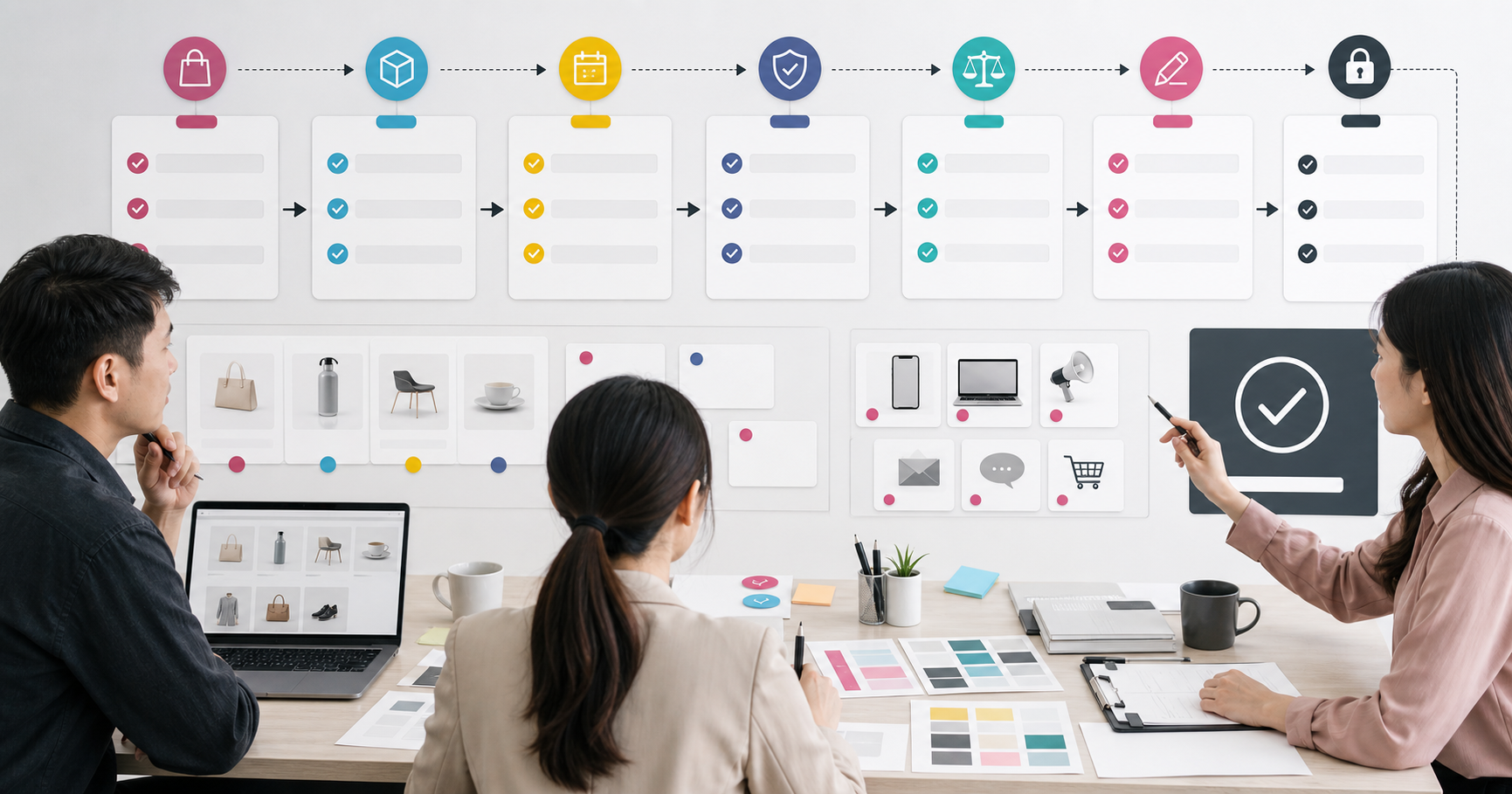 Editorial ecommerce workflow scene for AI 促銷文案怎麼檢查, showing product cards, shopping journey signals, catalog data, and review checkpoints