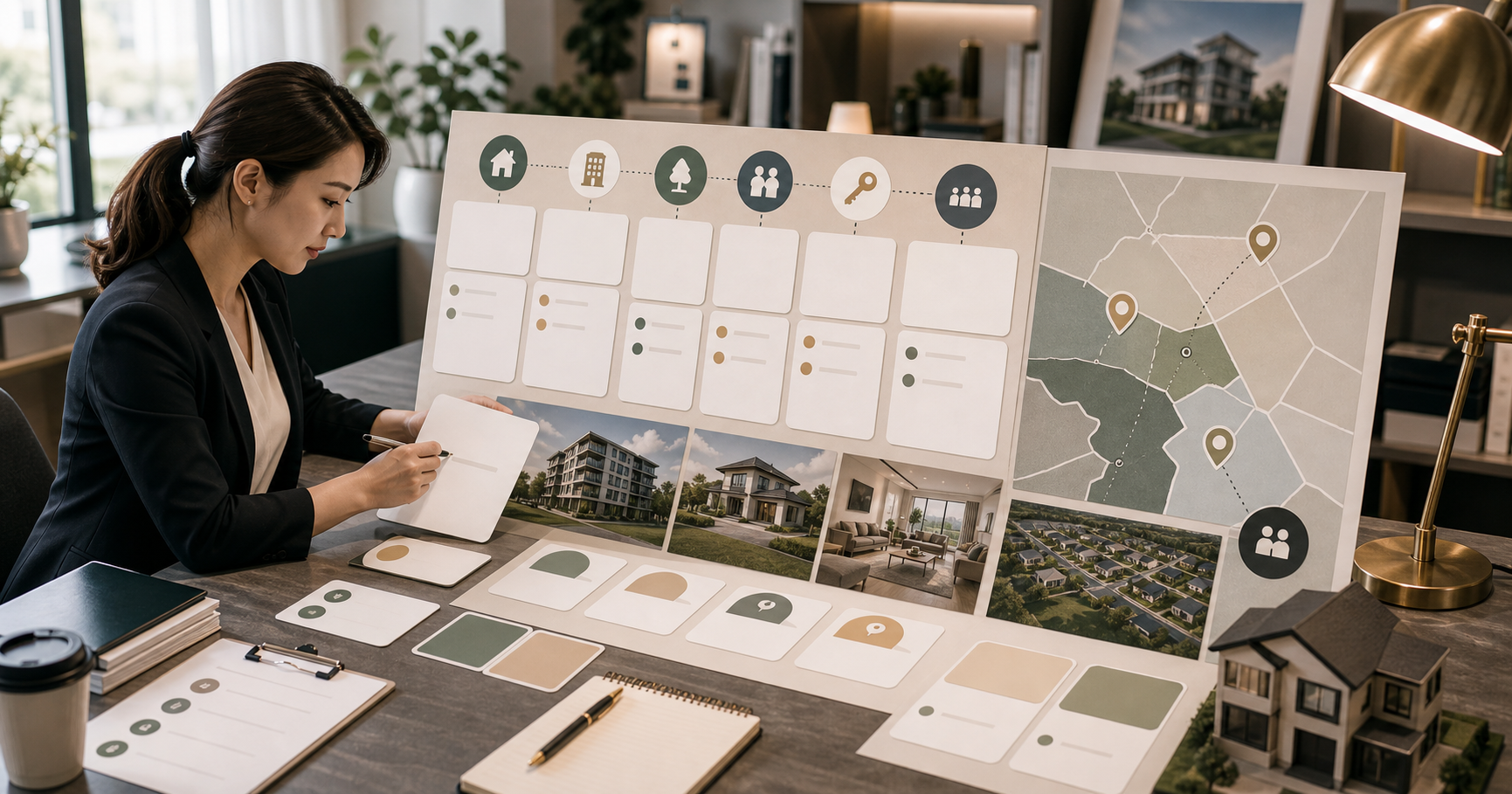 Editorial local business marketing scene for AI 房仲行銷怎麼做, showing service-area signals, customer review cards, booking paths, and human review checkpoints