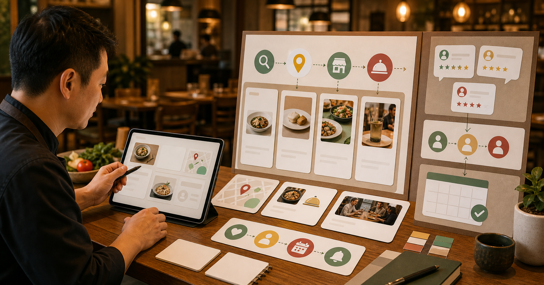 Editorial local business marketing scene for AI 餐廳行銷怎麼做, showing service-area signals, customer review cards, booking paths, and human review checkpoints