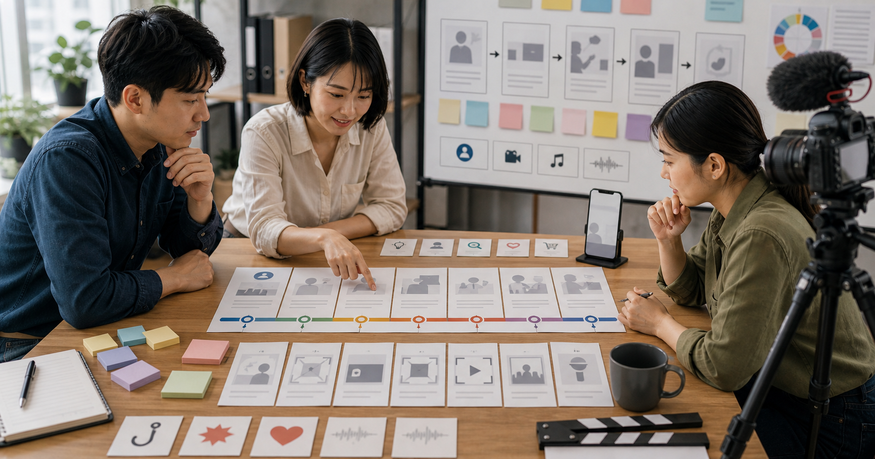 Editorial content workflow scene for AI 短影音腳本怎麼做, showing social assets, a content calendar, review checkpoints, and performance signals