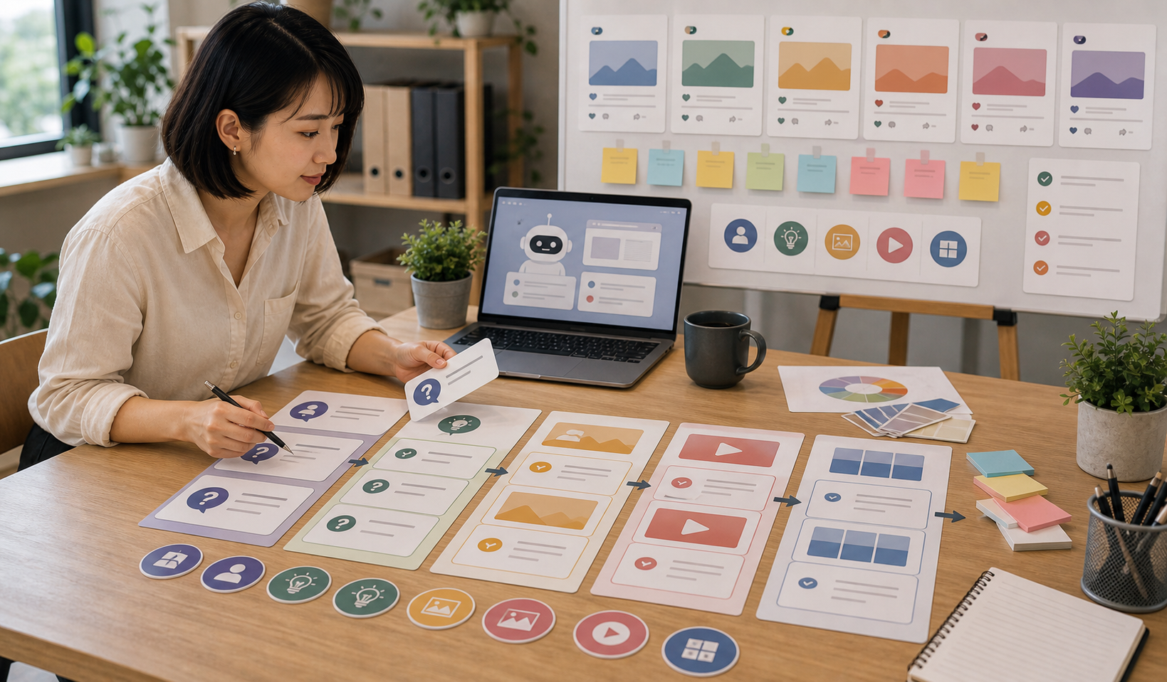 Editorial content workflow scene for AI 社群貼文怎麼寫, showing social assets, a content calendar, review checkpoints, and performance signals