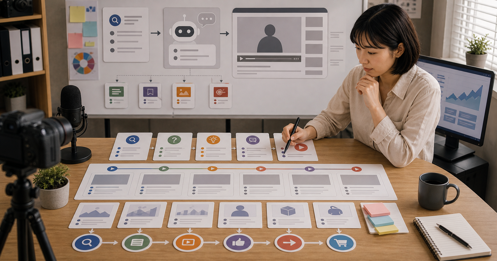 Editorial content workflow scene for AI YouTube 影片大綱怎麼寫, showing social assets, a content calendar, review checkpoints, and performance signals