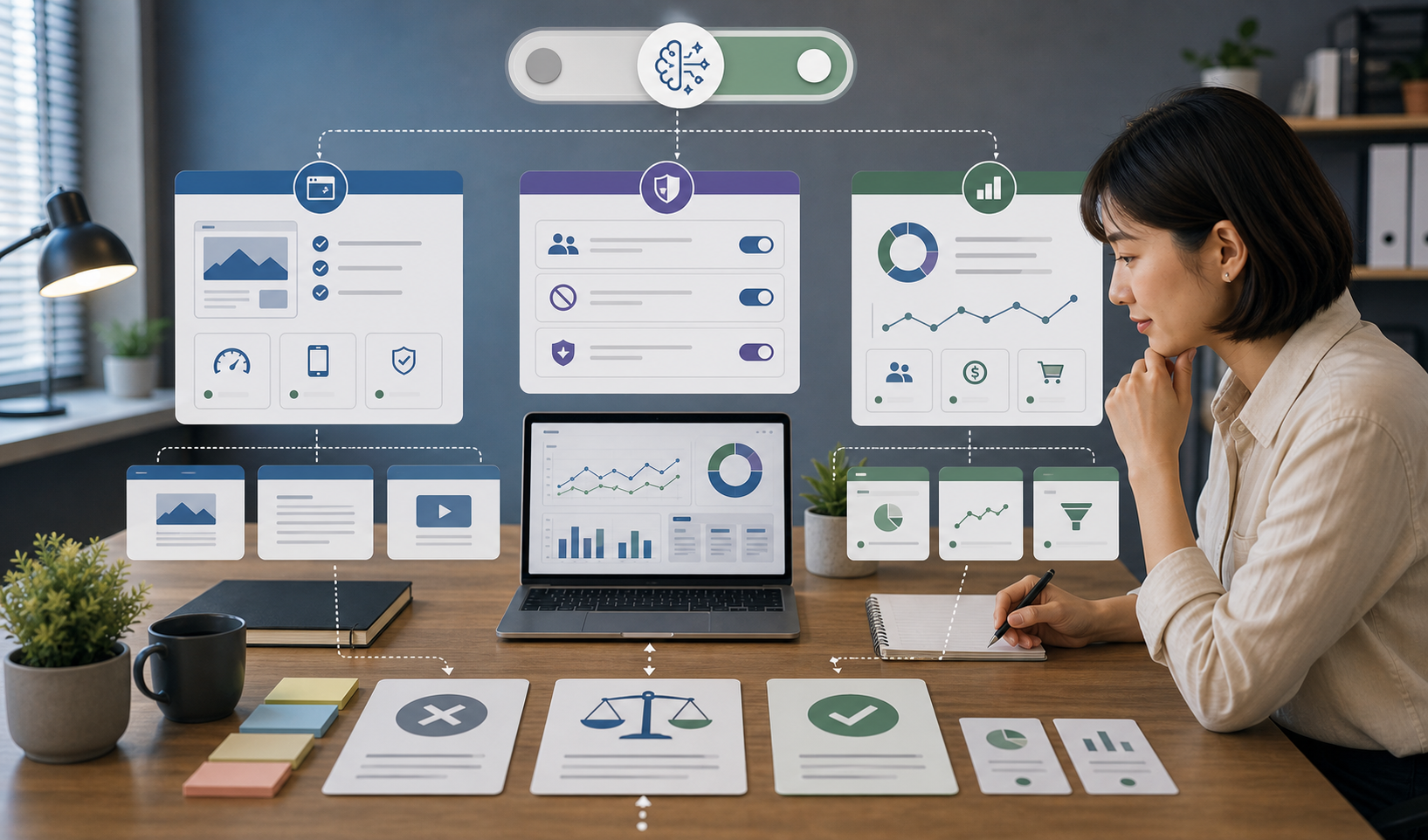 Editorial advertising workflow scene for Google Ads AI Max 要不要開, showing campaign assets, conversion tracking, audience segments, and review checkpoints
