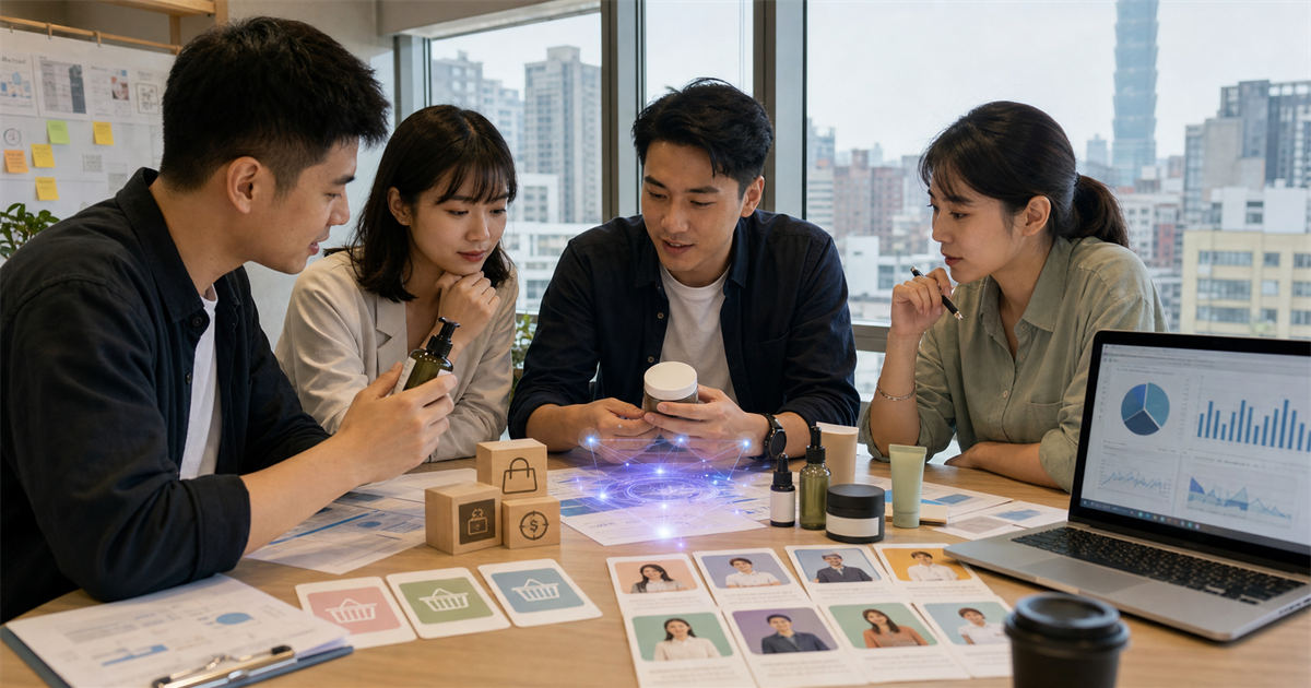 台北中小企業團隊在桌上檢視商品套組、加購卡片、訂單數據與 AI 分群提示