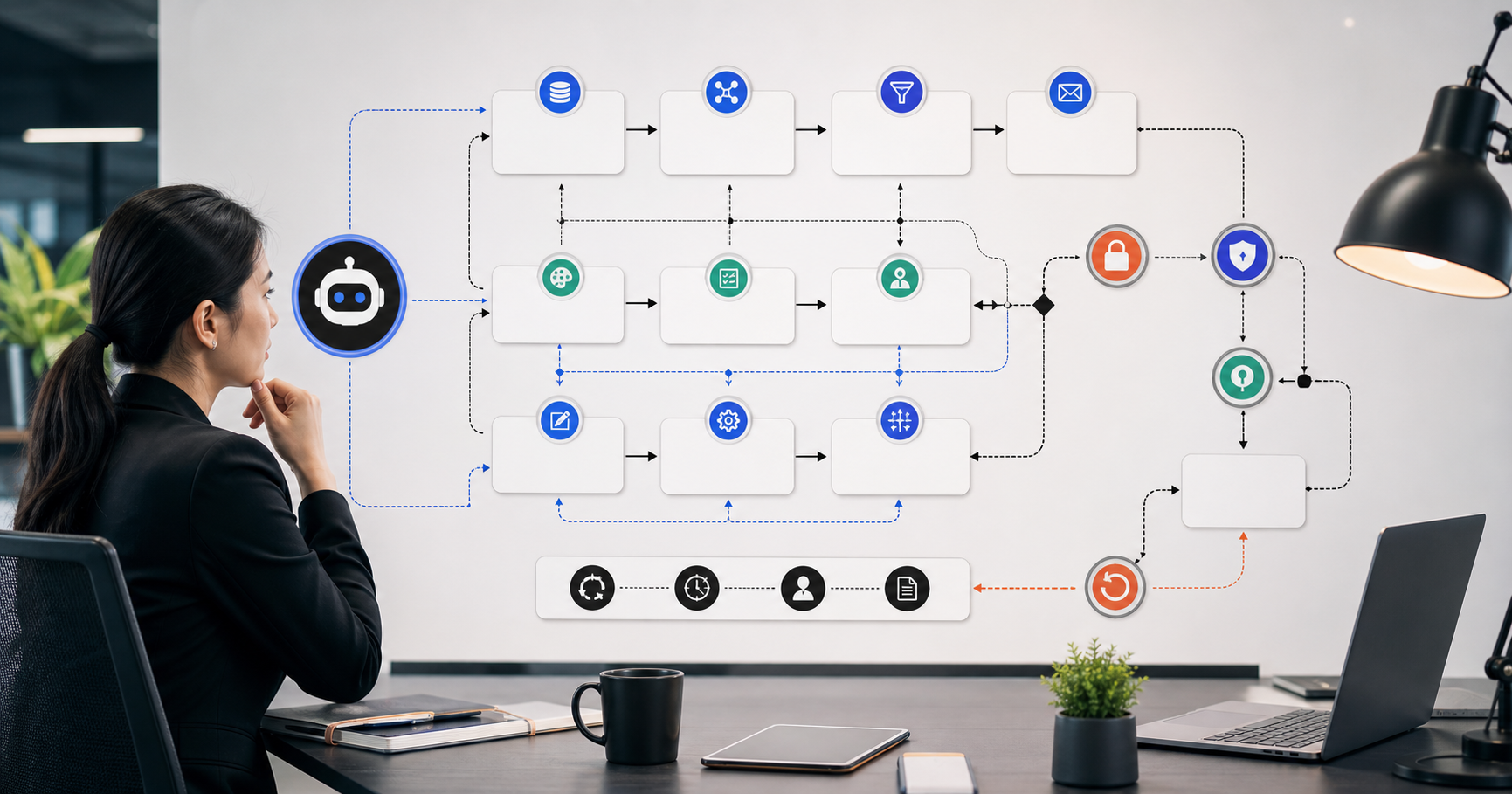 Editorial AI marketing operations workflow scene for AI Agent 行銷何時該用, showing team handoff cards, knowledge-base assets, task paths, and human review checkpoints